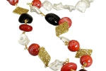 Collana lunga perle maiorca, pietre agata rossa, perle cercamica e vetro